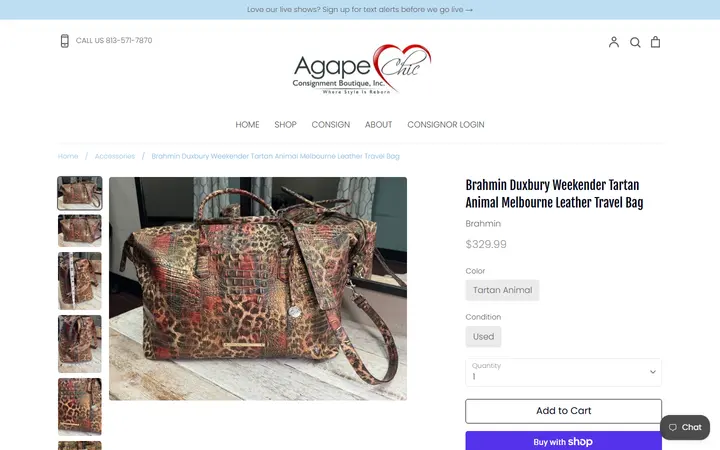 Website page titled Brahmin Duxbury Tartan Animal Leather Weekender – Agape Chic Consignment Boutique