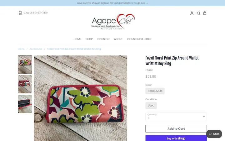 Website page titled Fossil Floral Print Zip Around Wallet Wristlet Key Ring – Agape Chic Consignment Boutique