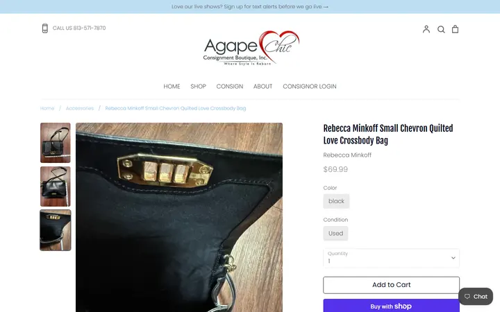 Website page titled Rebecca Minkoff Small Chevron Quilted Love Crossbody Bag – Agape Chic Consignment Boutique