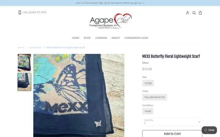 Website page titled MEXX Butterfly Floral Lightweight Scarf – Agape Chic Consignment Boutique