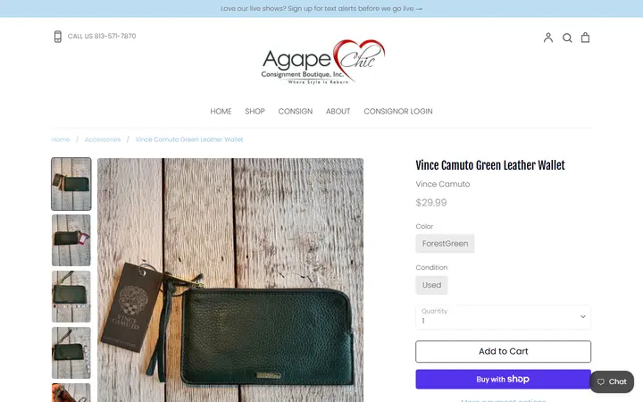Website page titled Vince Camuto Green Leather Wallet – Agape Chic Consignment Boutique
