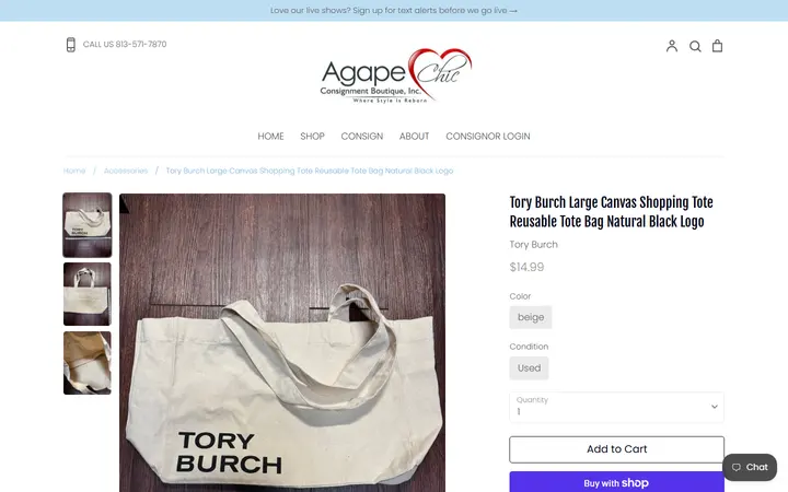 Website page titled Tory Burch Large Canvas Shopping Tote Reusable Tote Bag Natural Black – Agape Chic Consignment Boutique