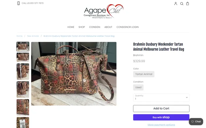 Website page titled Brahmin Duxbury Tartan Animal Leather Weekender – Agape Chic Consignment Boutique