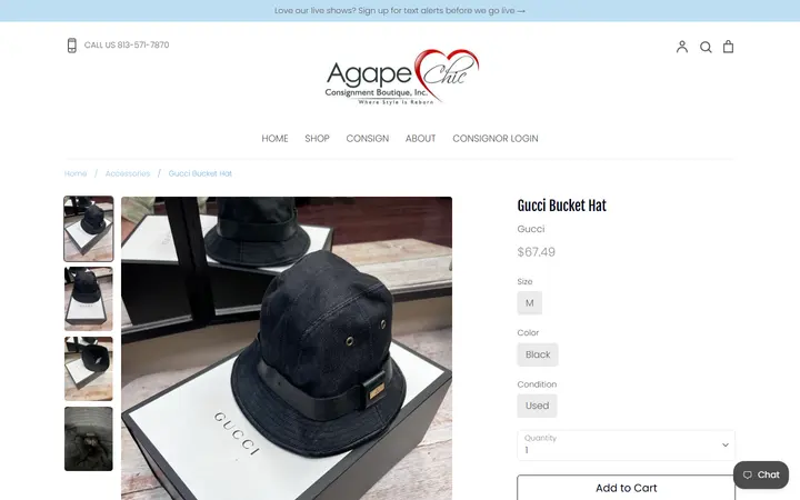 Website page titled Gucci Bucket Hat – Agape Chic Consignment Boutique