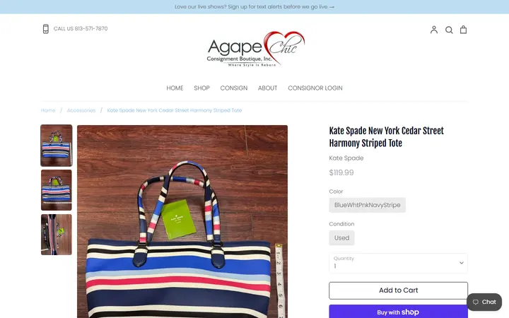 Website page titled Kate Spade New York Cedar Street Harmony Striped Tote – Agape Chic Consignment Boutique