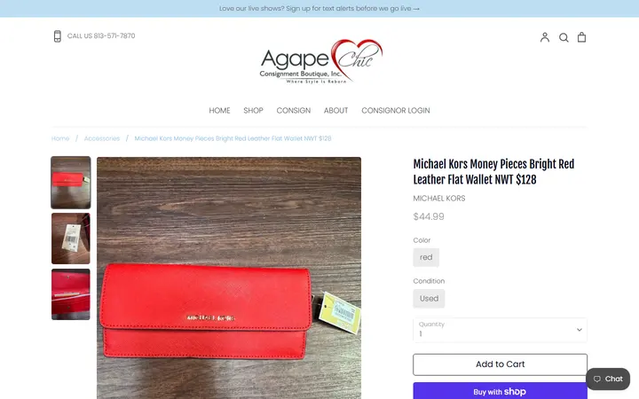 Website page titled Michael Kors Money Pieces Bright Red Leather Flat Wallet NWT $128 – Agape Chic Consignment Boutique