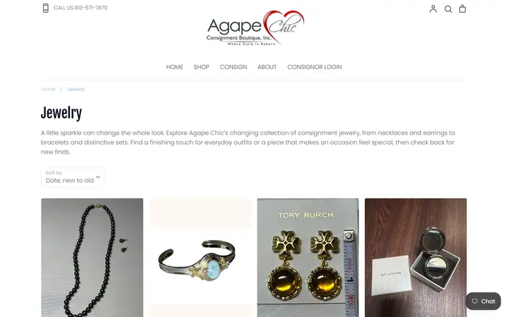 Website page titled Consignment Jewelry, Necklaces & Earrings - Agape Chic – Agape Chic Consignment Boutique