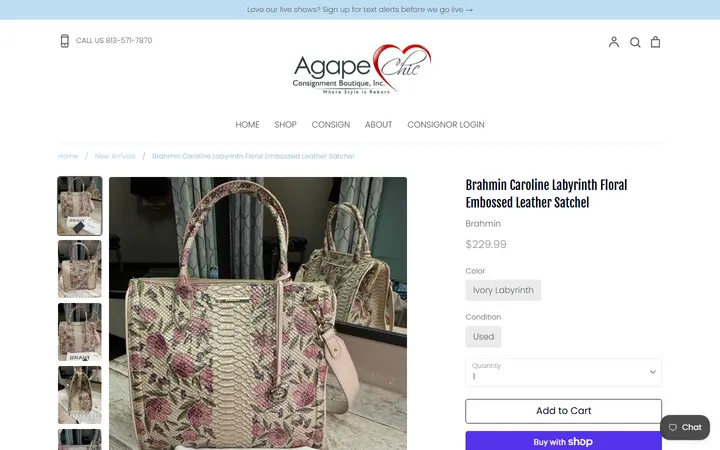 Website page titled Brahmin Caroline Ivory Labyrinth Floral Satchel – Agape Chic Consignment Boutique