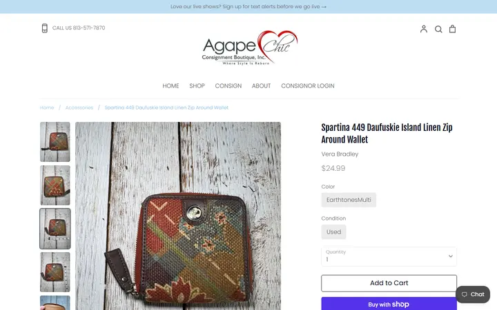 Website page titled Spartina 449 Daufuskie Island Linen Zip Around Wallet – Agape Chic Consignment Boutique
