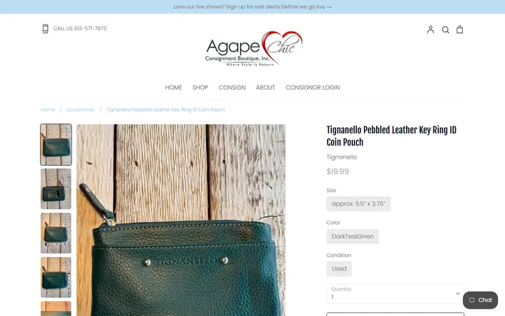Website page titled Tignanello Pebbled Leather Key Ring ID Coin Pouch – Agape Chic Consignment Boutique