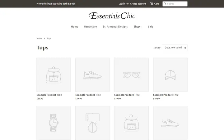 Website page titled Tops – Essentials Chic