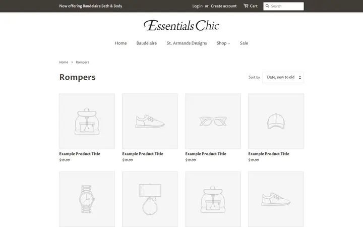 Website page titled Rompers – Essentials Chic