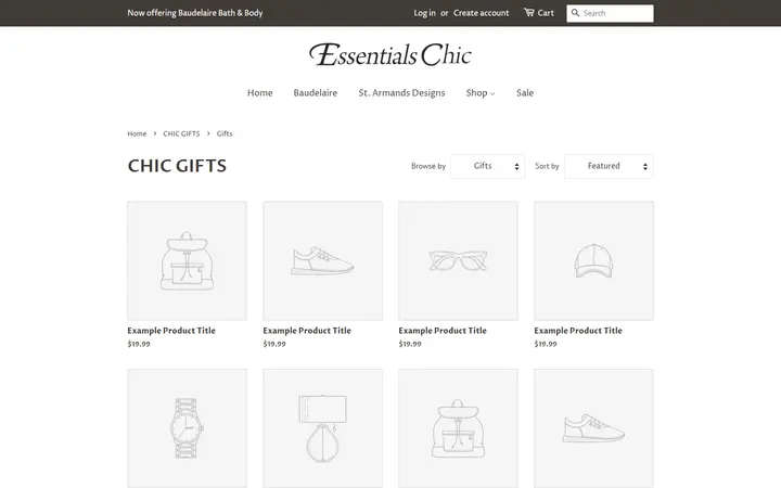 Website page titled CHIC GIFTS – Tagged "Gifts" – Essentials Chic