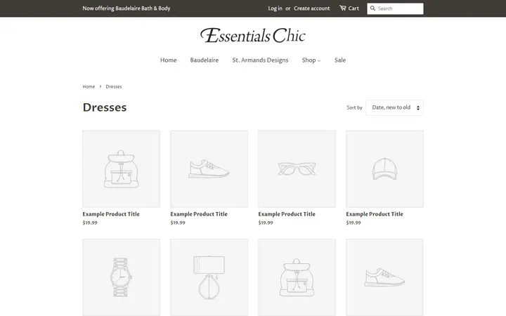 Website page titled Dresses – Essentials Chic