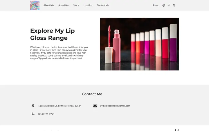 Website page titled Explore My Lip Gloss Range - Avi Babie Boutique | Lip Gloss Store in Brandon