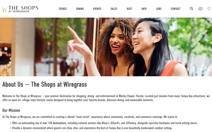 Website page titled The Shops at Wiregrass ::: About