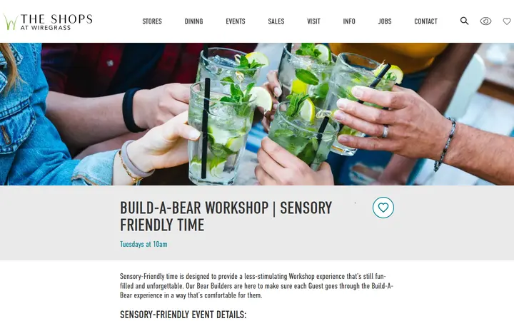Website page titled The Shops at Wiregrass ::: Build-A-Bear Workshop | Sensory Friendly Time