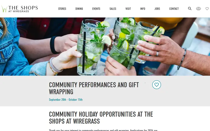 Website page titled The Shops at Wiregrass ::: Community Performances and Gift Wrapping