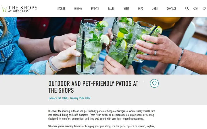 Website page titled The Shops at Wiregrass ::: Outdoor and Pet-Friendly Patios at The Shops