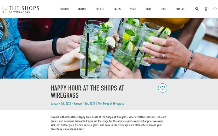 Website page titled The Shops at Wiregrass ::: Happy Hour at The Shops at Wiregrass