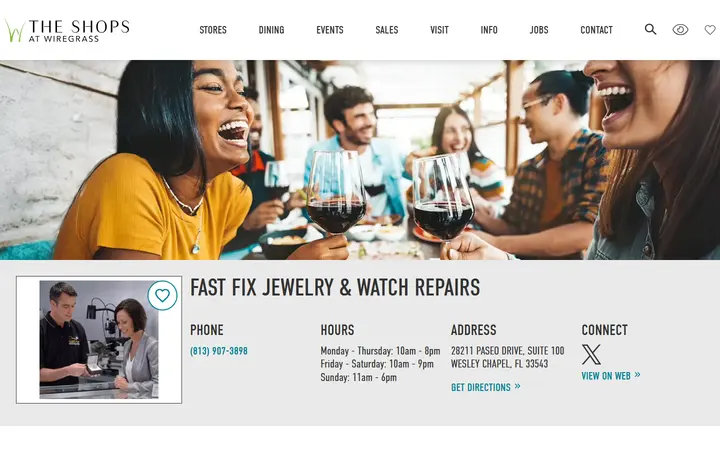 Website page titled The Shops at Wiregrass ::: Fast Fix Jewelry & Watch Repairs