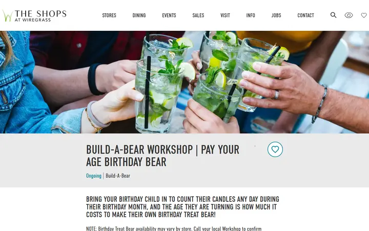 Website page titled The Shops at Wiregrass ::: Build-A-Bear Workshop | Pay Your Age Birthday Bear