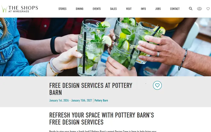 Website page titled The Shops at Wiregrass ::: Free Design Services at Pottery Barn